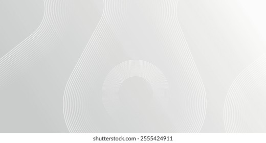 Grey abstract background with white circle lines. Geometric stripe line art design. Minimal lines pattern. Modern futuristic concept.