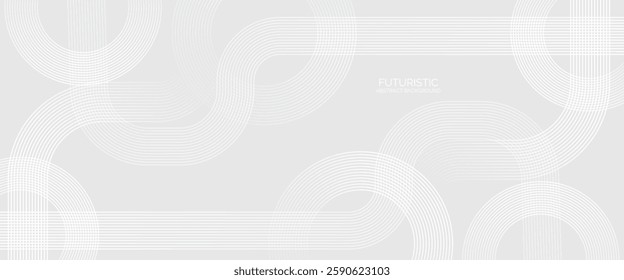 Grey abstract background with white circle lines. Geometric stripe line art design. Minimal lines pattern. Modern futuristic concept.