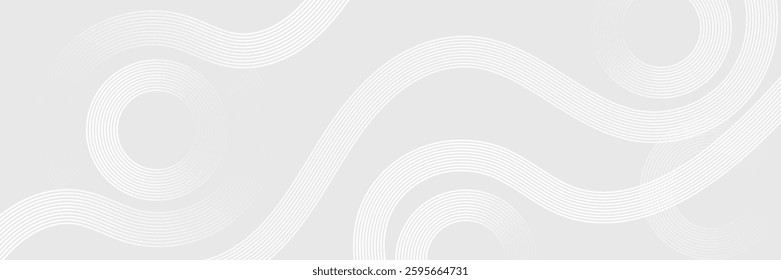 Grey abstract background with white circle lines. Geometric stripe line art design. Minimal lines pattern. Modern futuristic concept.