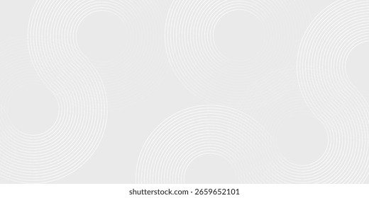Fundo abstrato cinza com linhas de círculo branco. Projeto de arte de linha de faixa geométrica. Padrão mínimo de linhas. Conceito futurista moderno. Modelo de banner horizontal. Terno para cartaz, capa, banner, web