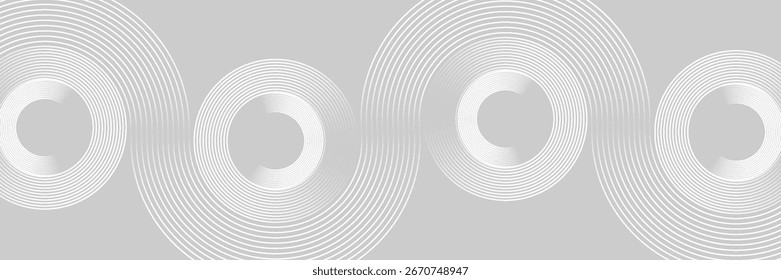 Grauer abstrakter Hintergrund mit weißen Kreislinien. Geometrisches Streifenlinien-Kunstdesign. Minimales Linienmuster. Modernes futuristisches Konzept.