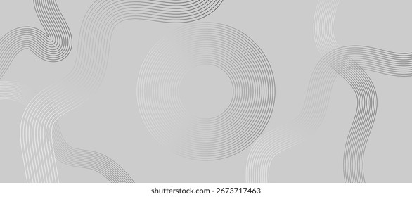 Fundo abstrato cinza com linhas de círculo branco. Padrão mínimo de linhas. Conceito futurista moderno. Ilustração vetorial.