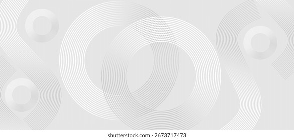 Grauer abstrakter Hintergrund mit weißen Kreislinien. Minimales Linienmuster. Modernes futuristisches Konzept. Vektorgrafik.
