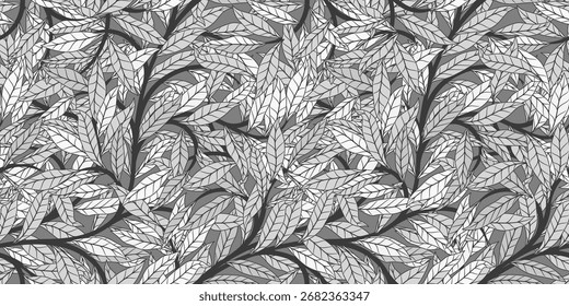 Grauer abstrakter botanischer Hintergrund mit Pflanzen. Nahtloser Vektor für Textil-, Papier- oder Oberflächendesign.