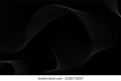 Grey abstract curved wavy lines on black background. The vector of Abstract black and white Waves on Dark Background. Dynamic wave pattern. Suit for banner, poster, cover, brochure, flyer, website.