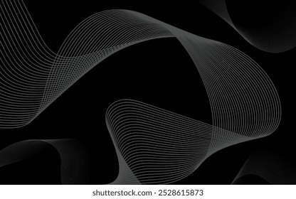 Grey abstract curved wavy lines on black background. The vector of Abstract black and white Waves on Dark Background. Dynamic wave pattern.
