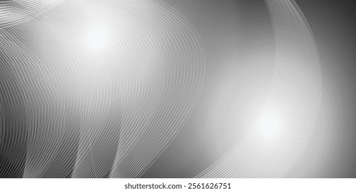 Grey abstract curved wavy lines on black background. Black background with line curve design. Blurred black silk fabric. Iridescent and shining like a star in the night sky, It has a taffeta-like body