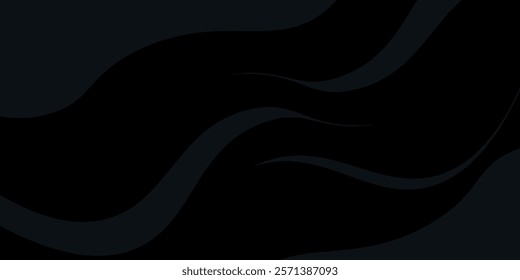 Grey abstract curved wavy lines on black background. Black background with line curve design. Blurred black silk fabric. Iridescent and shining like a star in the night sky, It has a taffeta-like body