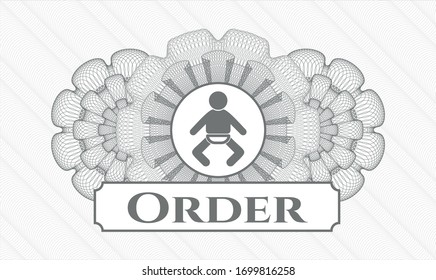 Grey abstract linear rosette with baby icon and Order text inside