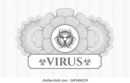 Grey abstract linear rosette with biohazard covid-19 icon and Virus text inside