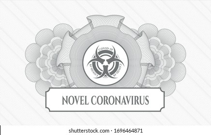 Graue abstrakte lineare Rosette mit Biogefährdung covid-19 Symbol und Novel Coronavirus-Text innerhalb