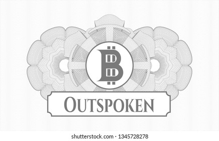 Grey abstract linear rosette with bitcoin icon and Outspoken text inside
