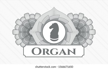 Grey abstract linear rosette with chess knight icon and Organ text inside
