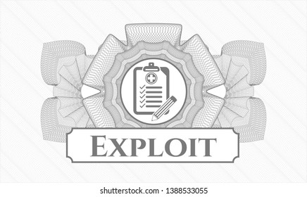 Grey abstract linear rosette with clinic history icon and Exploit text inside