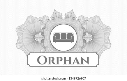 Grey abstract linear rosette with couch icon and Orphan text inside