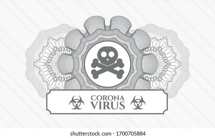 Grey abstract linear rosette with crossbones icon and Coronavirus text inside