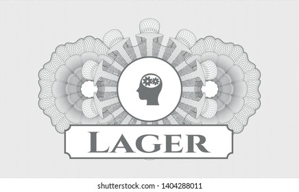 Grey abstract linear rosette with head with gears inside icon and Lager text inside