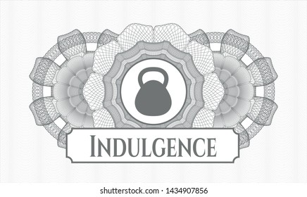 Grey abstract linear rosette with kettlebell icon and Indulgence text inside