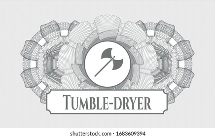 Graue abstrakte Linearrosette mit mittelalterlichem Axt-Symbol und Wäschetrockner-Text im Inneren
