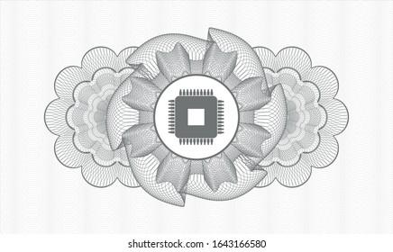 Grey abstract linear rosette with microchip, microprocessor icon inside