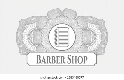 Grey abstract linear rosette with note book icon and Barber Shop text inside
