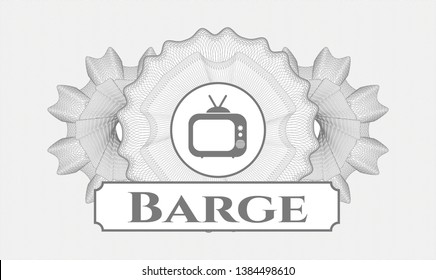 Grey abstract linear rosette with old tv, television icon and Barge text inside