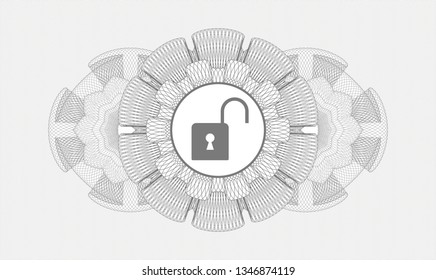 Grey abstract linear rosette with open lock icon inside