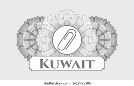 Grey abstract linear rosette with paper clip icon and Kuwait text inside