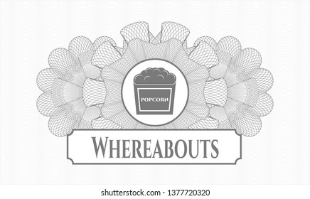 Grey abstract linear rosette with popcorn icon and Whereabouts text inside