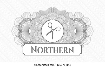 Grey abstract linear rosette with scissors icon and Northern text inside