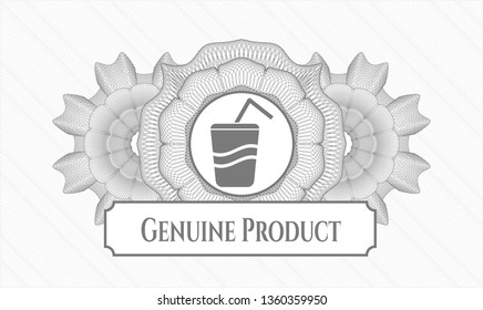 Grey abstract linear rosette with soda icon and Genuine Product text inside