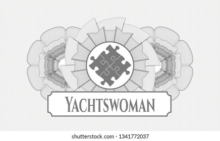 Grey abstract linear rosette with solution icon and Yachtswoman text inside