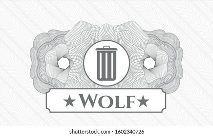 Grey abstract linear rosette with trash can icon and Wolf text inside
