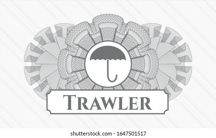 Grey abstract linear rosette with umbrella icon and Trawler text inside