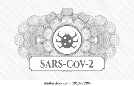 Grey abstract linear rosette. Vector Illustration. Detailed with bug icon and SARS-CoV-2 text inside