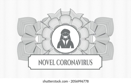 Grey abstract linear rosette. Vector Illustration. Detailed with woman wearing face mask icon and Novel Coronavirus text inside