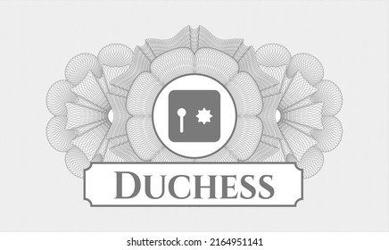 Grey abstract linear rosette. Vector Illustration. Detailed with safe, safety deposit box icon and Duchess text inside