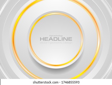 Grey abstract minimal circular background with orange glossy rings. Geometric vector design