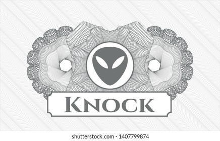 Grey abstract rosette with alien icon and Knock text inside