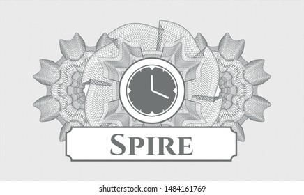 Grey abstract rosette with clock, time icon and Spire text inside