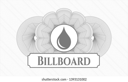 Grey abstract rosette with drop icon and Billboard text inside