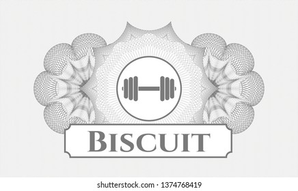 Grey abstract rosette with dumbbell icon and Biscuit text inside