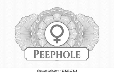 Grey abstract rosette with female icon and Peephole text inside