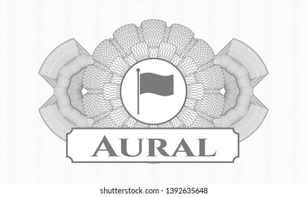 Grey abstract rosette with flag icon and Aural text inside