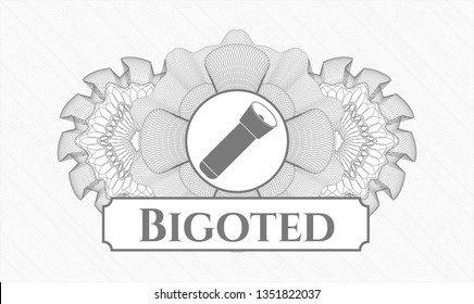 Grey abstract rosette with flashlight icon and Bigoted text inside