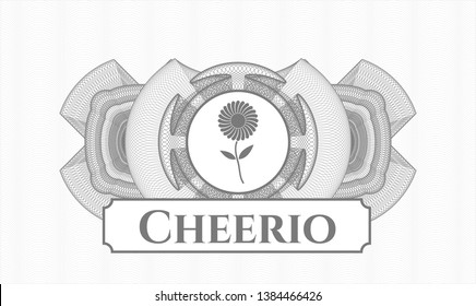Grey abstract rosette with flower icon and Cheerio text inside svg