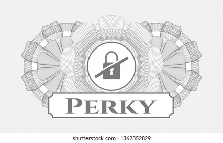 Grey abstract rosette with inaccessible icon and Perky text inside