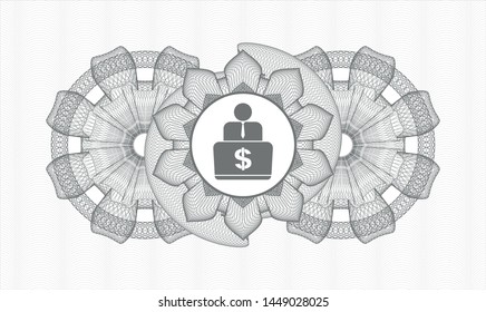 Grey abstract rosette with man working on computer icon inside