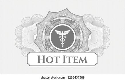 Grey abstract rosette with medicine icon and Hot Item text inside