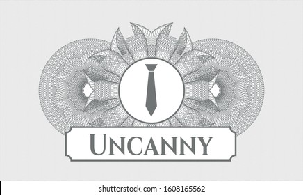 Grey abstract rosette with necktie icon and Uncanny text inside
